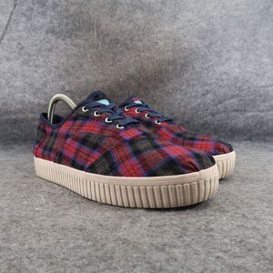 Toms Shoes Womens 8 Sneaker Cordones Indio Casual Fashion Plaid Red Blue Lace Up